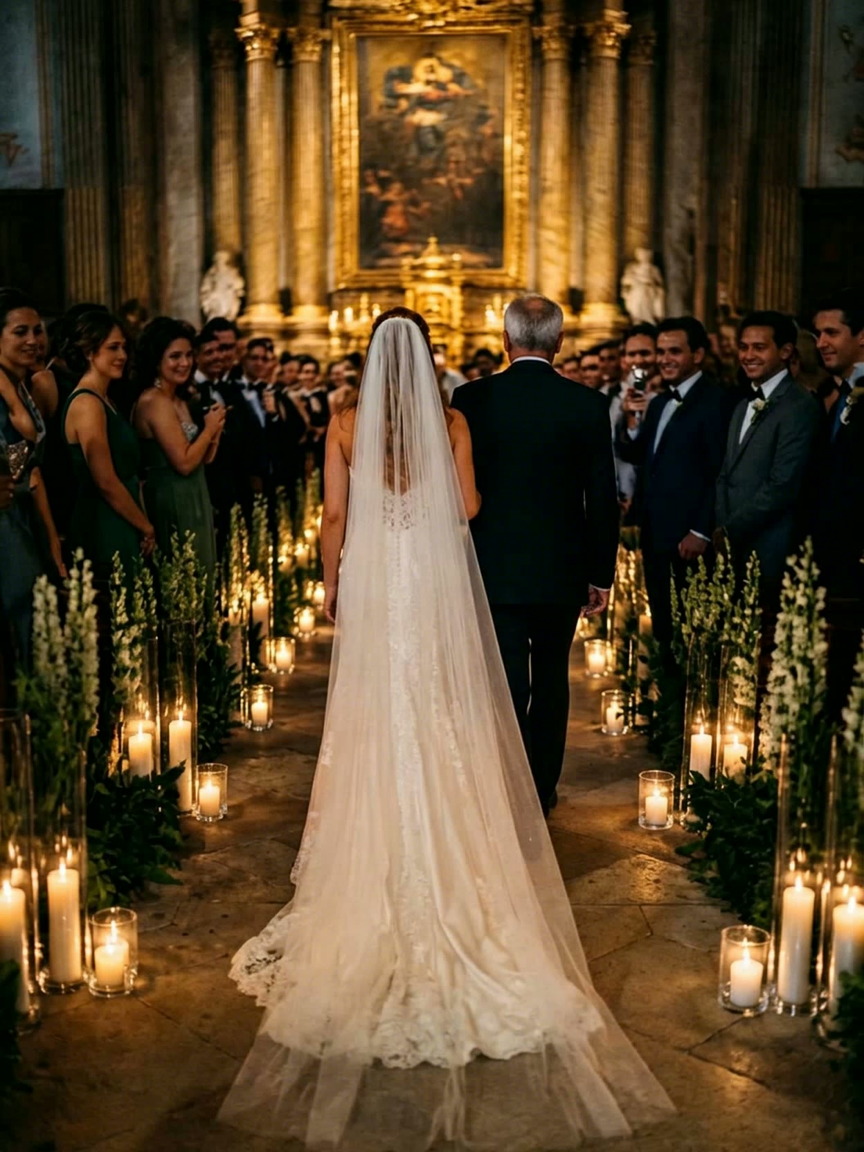 Bride walking a candlelit aisle in a long veil