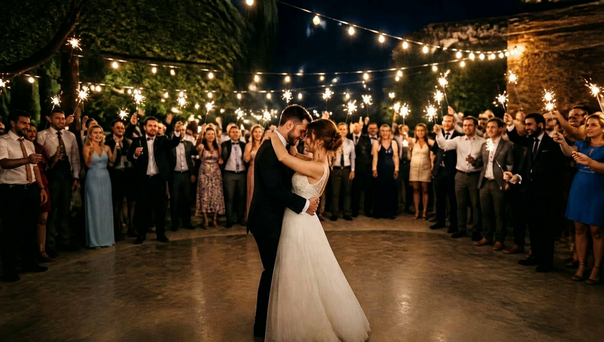 First dance surrounded by guests holding sparklers